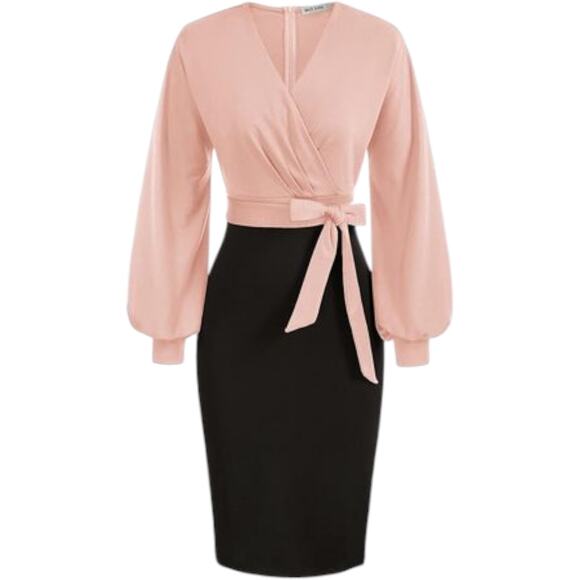 Grace Karin Pink & Black Classic V-Neckline Long Sleeve Form Fitting Wrap Dress - Picture 1 of 12